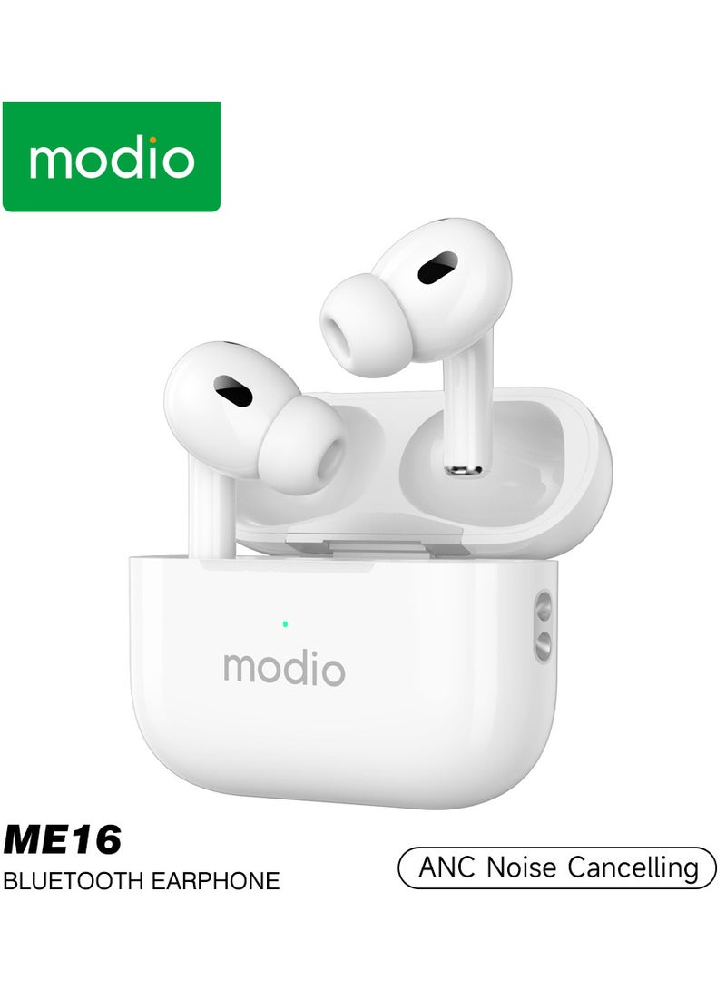 Modio ME16 Original Branded True Wireless Earbuds ANC Noice Cancellation wireless charging Bluetooth Earphones with Clear Calls Strong Sound Quality Touch Sensor 1 Free Earbuds Case White