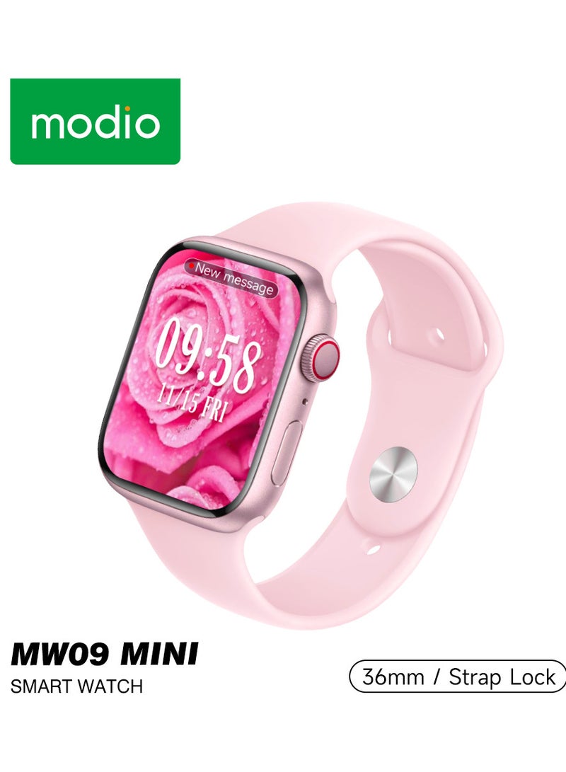 Modio MW09 Mini 36MM Smart Watch With 2 Pair Straps and Wireless Charger For Ladies and Girls Pink