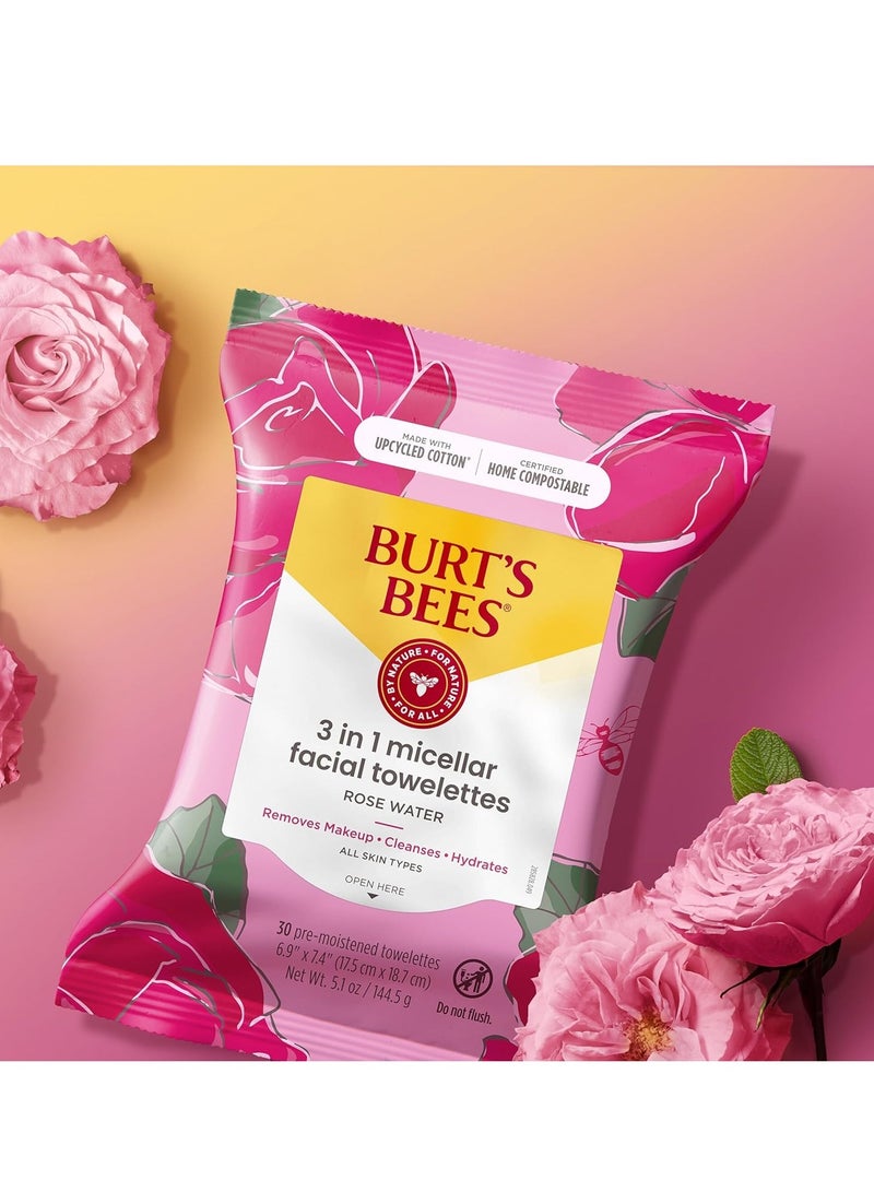 Burt's Bees Rose Water Face Wipes, Mothers Day Gifts for Mom for All Skin Types, Hydrating Micellar Makeup Remover & Facial Cleansing Towelettes, 30 Ct (3-Pack)