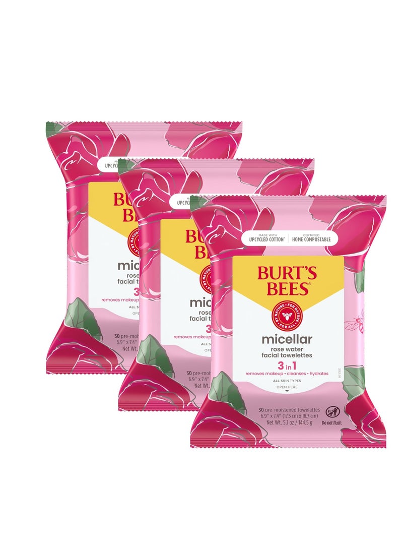 Burt's Bees Rose Water Face Wipes, Mothers Day Gifts for Mom for All Skin Types, Hydrating Micellar Makeup Remover & Facial Cleansing Towelettes, 30 Ct (3-Pack)