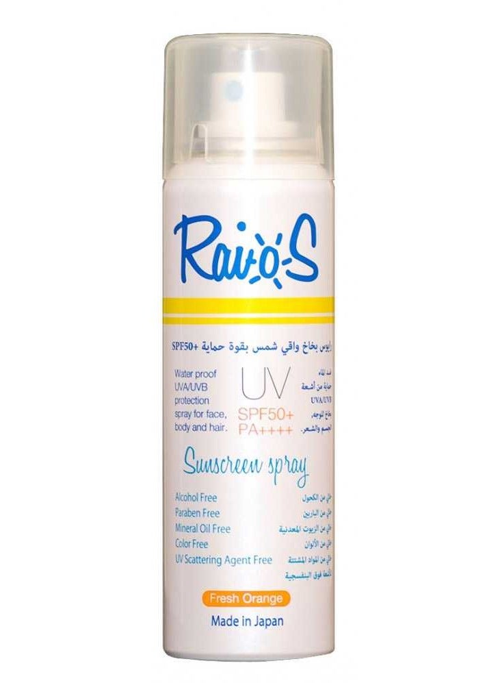 Raios Sunscreen Sray for Face Body and Hair  SPF50+ Fresh Orange Fragrance UVA/UVB Protection Water Resistance Non Greasy Formula 70 ml