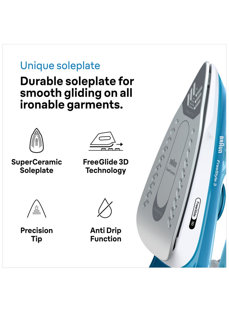 FreeStyle 3 Steam Iron with 3D FreeGlide Technology, SuperCeramic Sole, Ultimate FastClean, Automatic Shut-Off, Tank 270 ml 2400 W FI 3144 BL ‎Blue