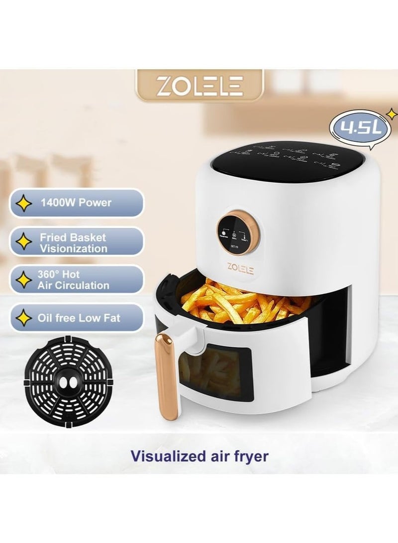 Zolele ZA004 Smart Electric Non Stick Air Fryer, 4.5L Capacity, Transparent Oven, 6 Cooking Modes, Knob Control, 1400W Power, Low Oil Consumption, Fast and Even Heating, White