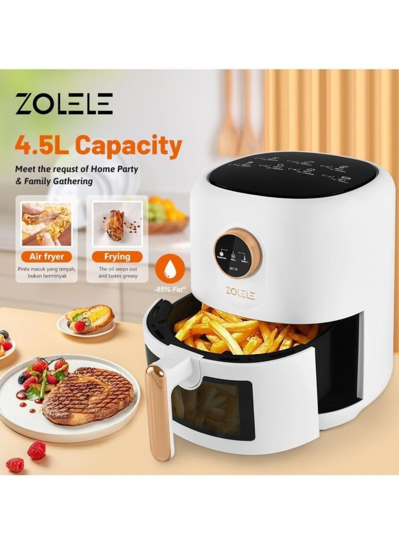 Zolele ZA004 Smart Electric Non Stick Air Fryer, 4.5L Capacity, Transparent Oven, 6 Cooking Modes, Knob Control, 1400W Power, Low Oil Consumption, Fast and Even Heating, White