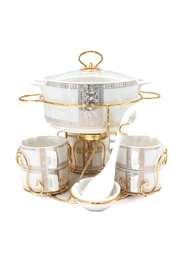 Shallow Bone China Porcelain 17-Piece Soup Set - White and Gold Elegance - CX1526-Y165