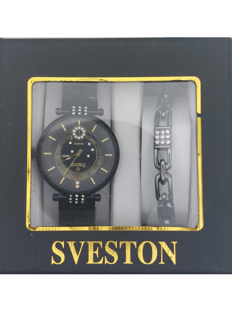 Women's Analog Quartz Black Stainless Steel Band Set Watch SV 18045