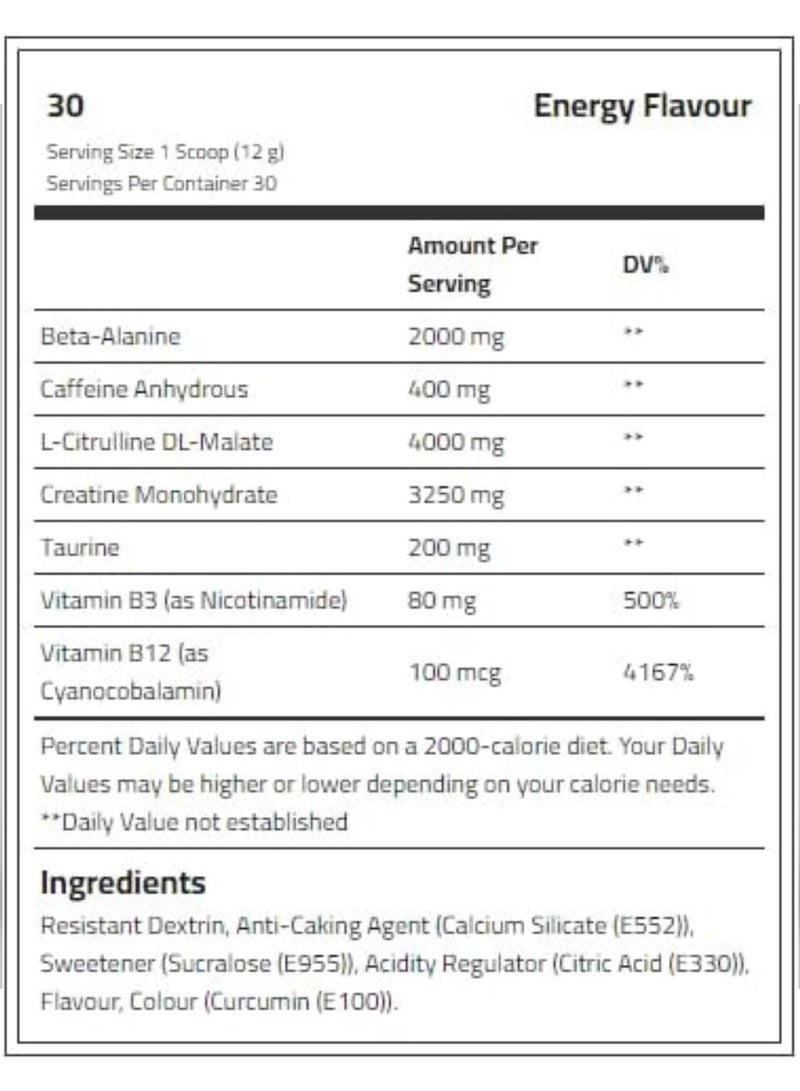 Ultimate Power Pre Workout Supplement - Energy Flavour - 30 servings