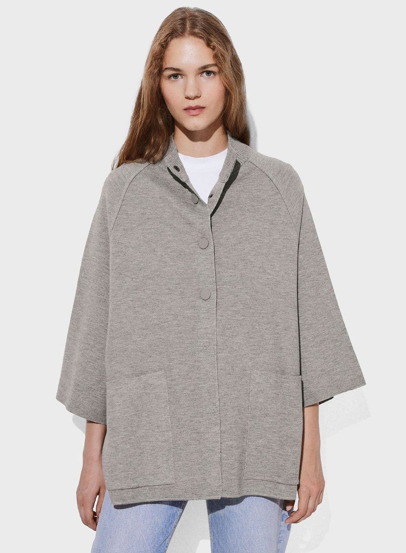 Buttoned Neck Pocket Detail Poncho