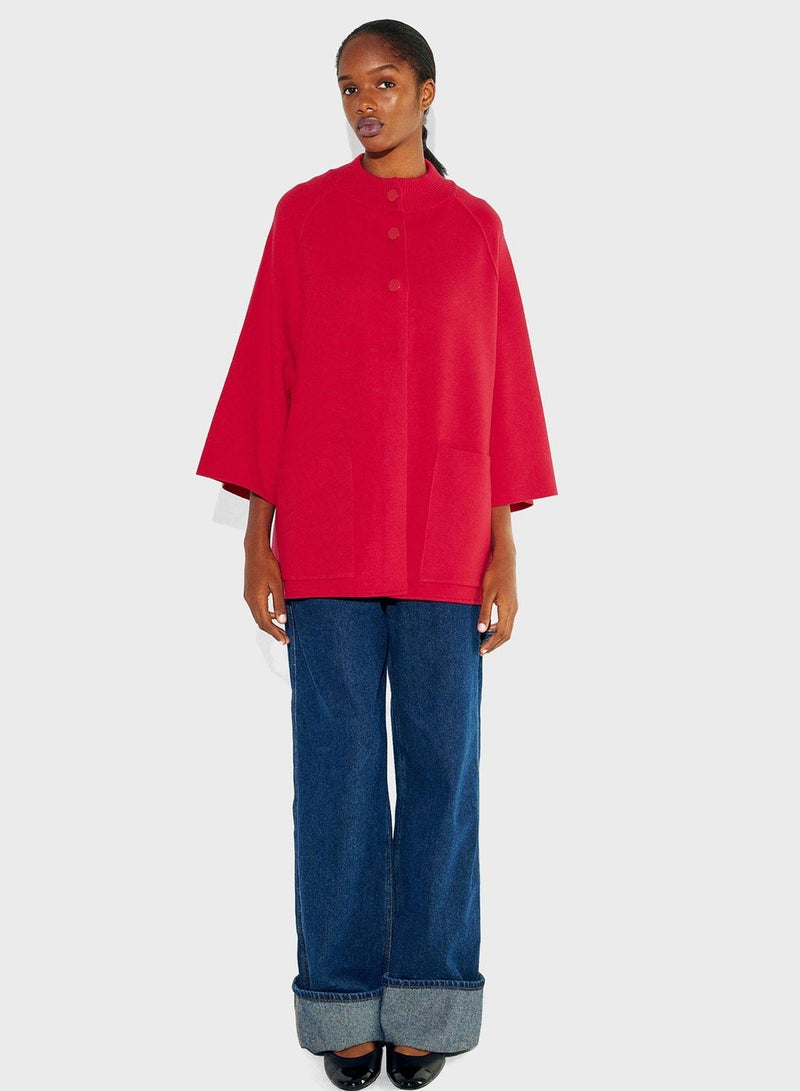 Buttoned Neck Pocket Detail Poncho