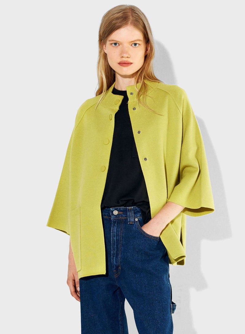 Buttoned Neck Pocket Detail Poncho