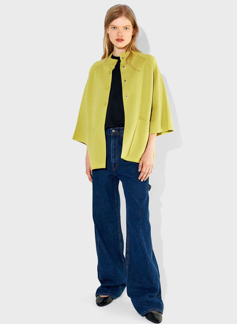 Buttoned Neck Pocket Detail Poncho