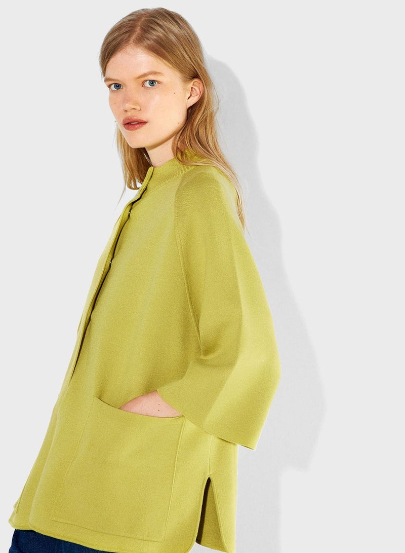 Buttoned Neck Pocket Detail Poncho