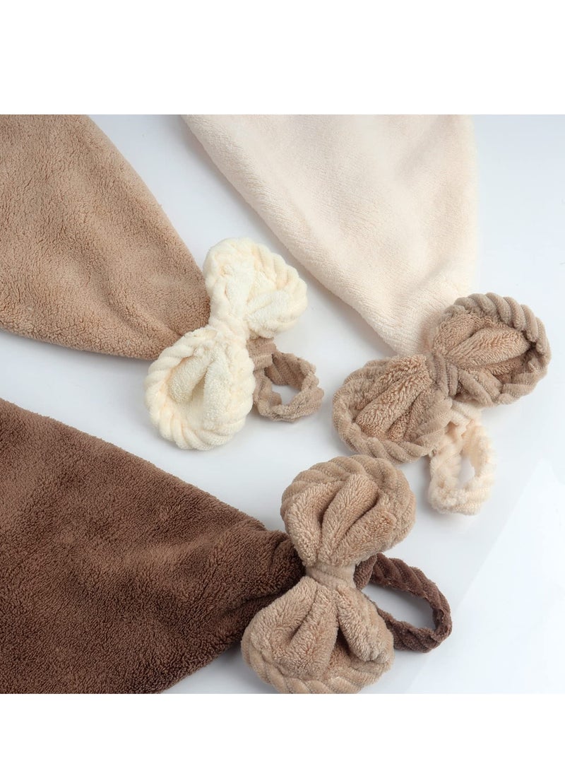 Hand Dryer Towels, 3pcs Hand Towels with Hanging Loops, Soft and Absorbent Microfiber Coral Fleece Hand Towels with Bows for Kitchen and Bathroom, Absorbent Quick Drying, Dark Colour