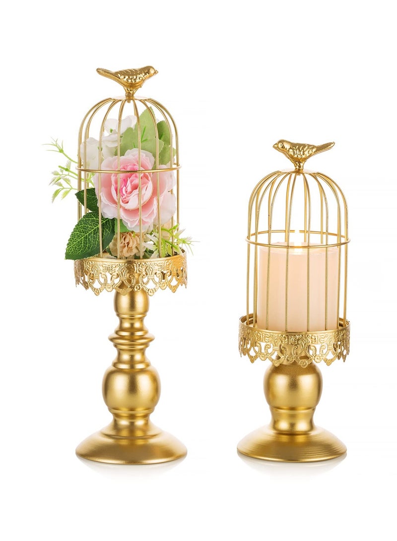Candle Holders for Pillar Candles, Decorative Metallic Bird Cage Ornament Gold Vintage Candlestick Holders Set of 2 for Tables Bedroom Cafe Table Home Decor Wedding