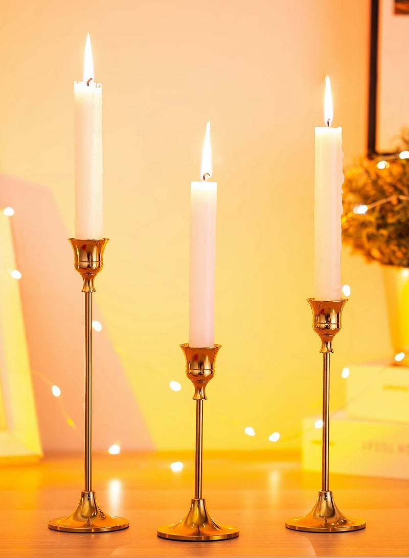 Gold Candle Holders for Candlesticks Set of 3 Taper Candle Holders, Tall Metal Candlestick Holders for Wedding, Table Centerpiece, Home Decor, Dining, Party, Fits 3/4 inch Thick Candles