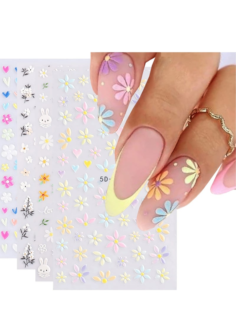 Nail Stickers, Flower Nail Art Stickers, 5D Embossed Nail Decals Spring Daisy Nail Art Design Self Adhesive Nail Supplies, Colorful Flower Nail Stickers for Women Manicure Decoration