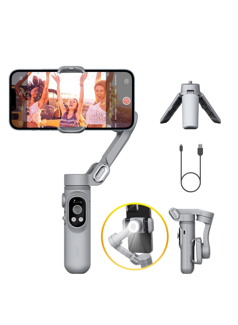 Gimbal Stabilizer for Smartphone, w/LED Light Face Tracking Inception Timelapse Handheld Foldable 3-Axis Gimble for iPhone 15/14/13 Pro Max & Android, Phone Stabilizer for Video Recording