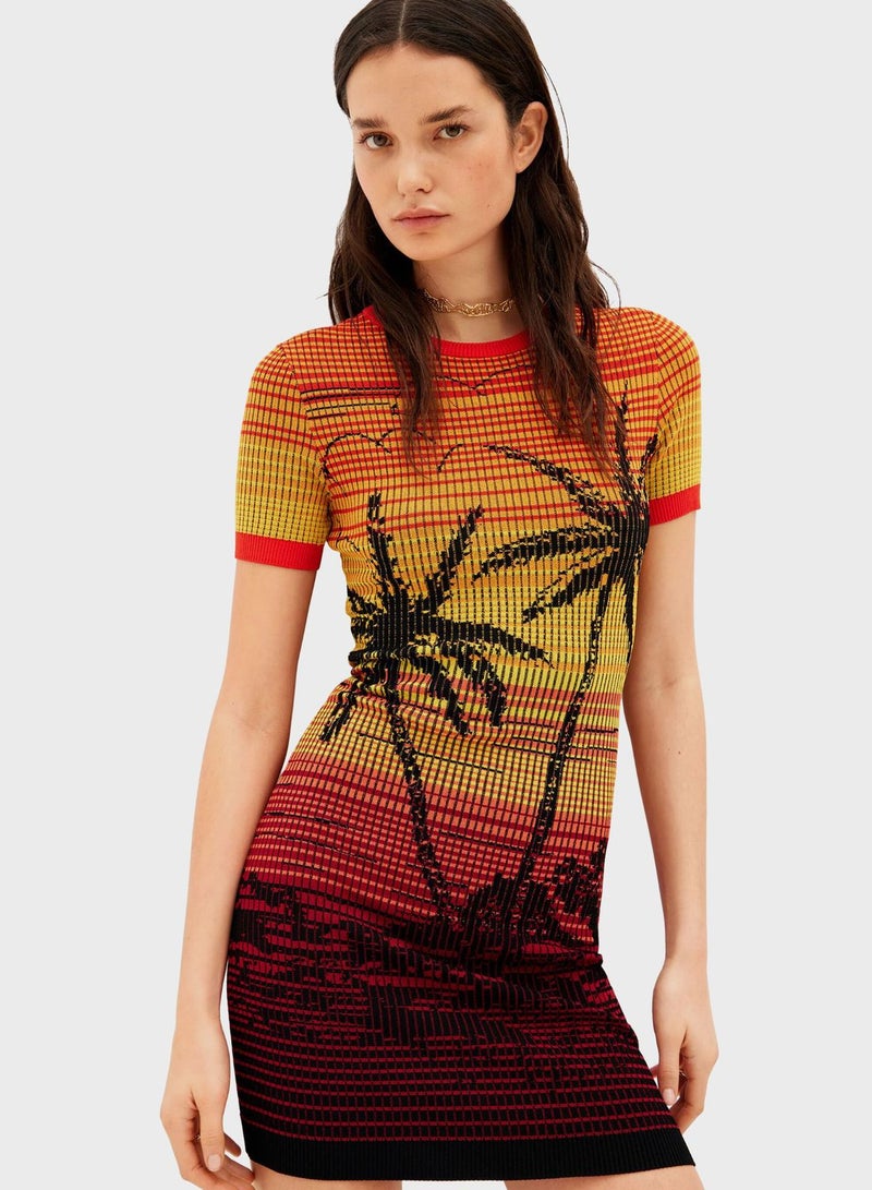 Short Knit Palm Tree Dress