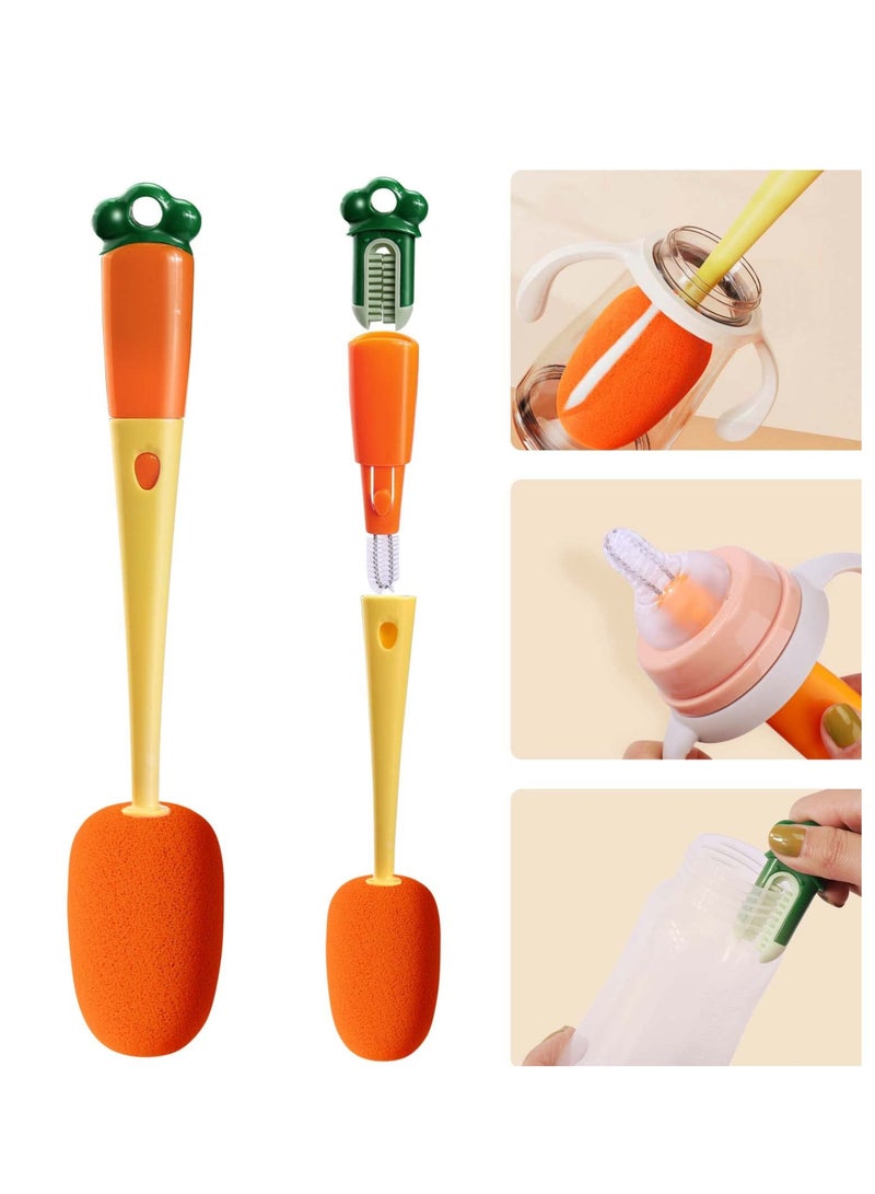 Bottle Brush Cleaner. 3 in 1 Carrot Baby Multifunctional Replaceable Sponge Cleaning Brush for Kitchen Water Bottle Cover Feeding Nozzle Glass Cup Crevice Home Washing Tool