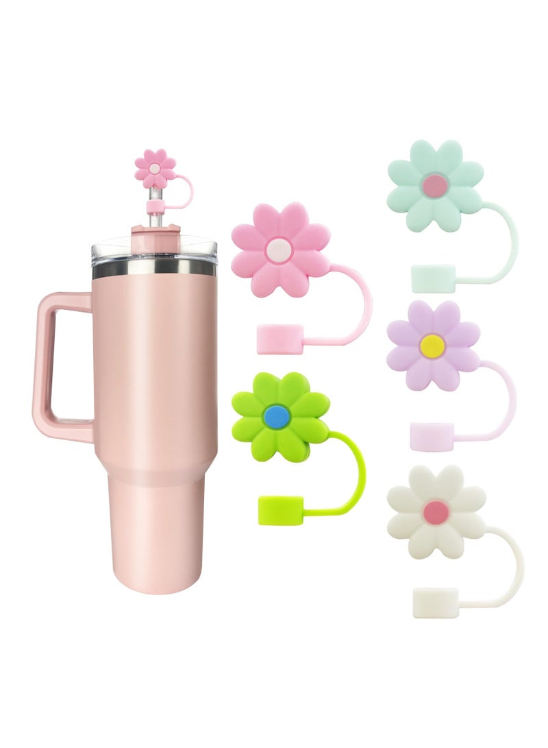 Stainless Steel Vacuum Insulated Tumbler With 5 Piece Silicone Straw Covers Cap 10Mm Cute Flower Straw Toppers For Tumblers With Lid And Straw For Water Iced Tea Or Coffee (40Oz)