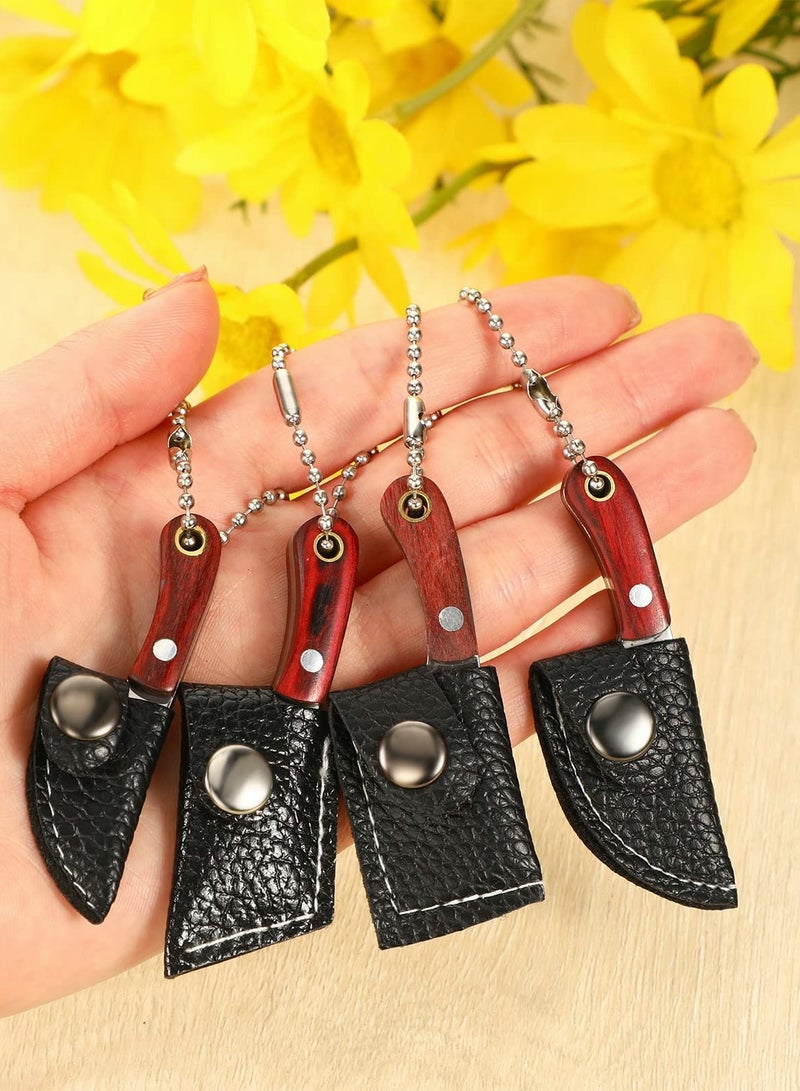 Knife Keychain Pocket Knife Set Tiny Knife Key Chain Wooden Handle Small Leather Sleeve Knife Outdoor Portable Carry on Decorative Gift Package Unboxing Knife Letter Opener