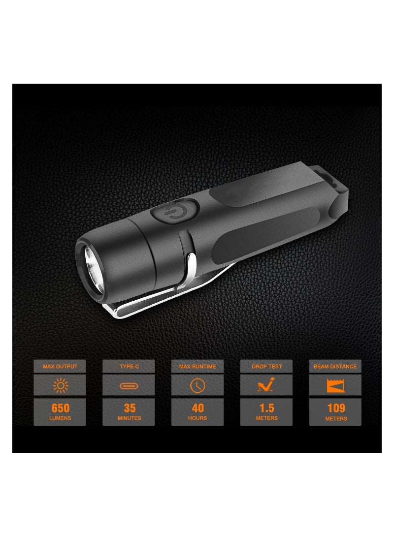 650 Lumens Rechargeable Keychain Flashlight, EDC Pocket Flashlight Mini Rechargeable Flashlight High Lumens Keychain Flashlight Pocket-Sized Flashlight for Camping Outdoors Emergency