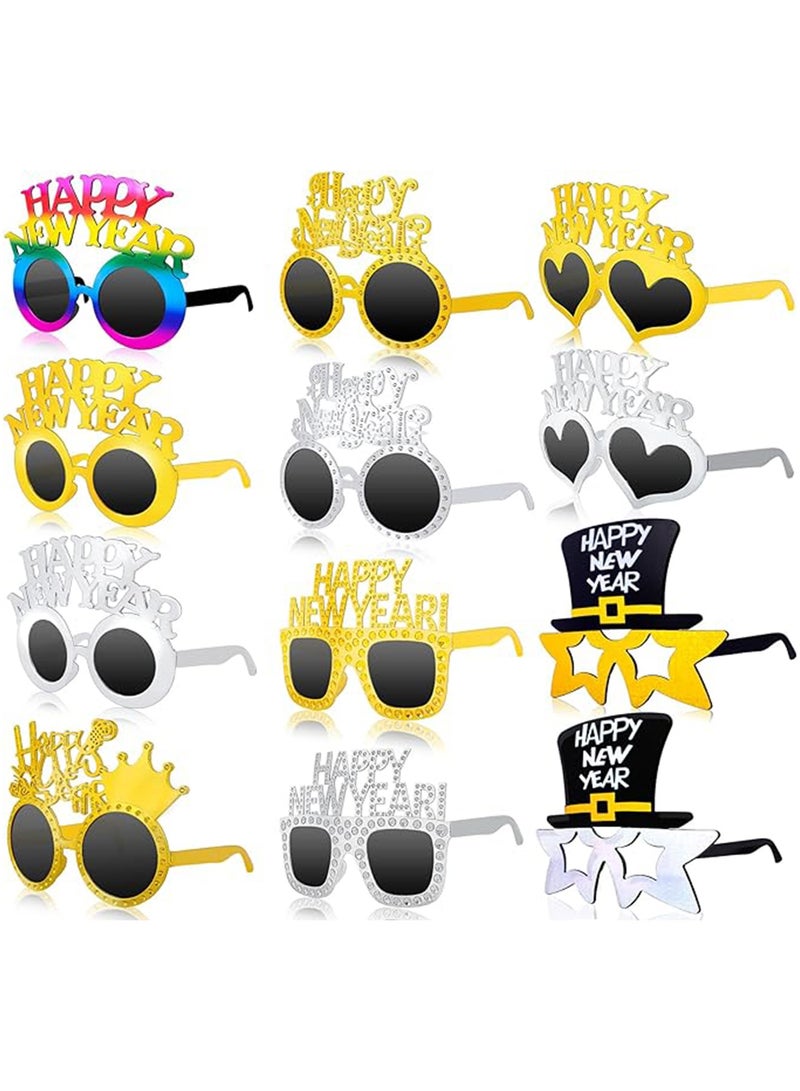 12 PCS Happy New Year Glasses New Year's Eve Fancy Eyeglasses Photo Novel Booth Props Glasses for New Year Birthday Party Celebration