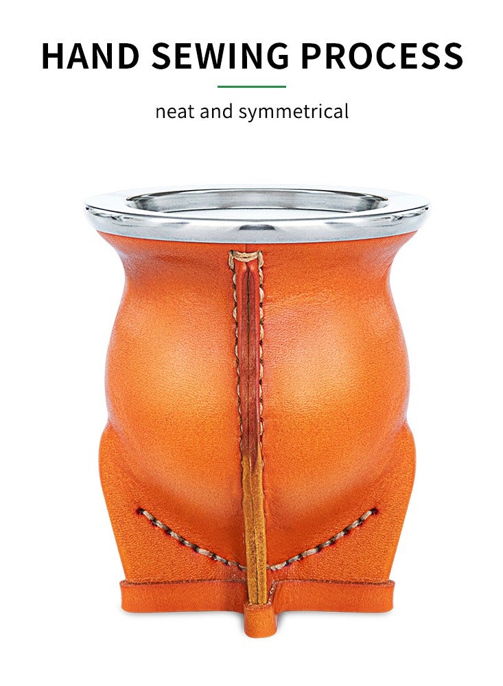 Yerba mate tea cup, leather outer layer, ceramic lining, with straw and cleaning brush