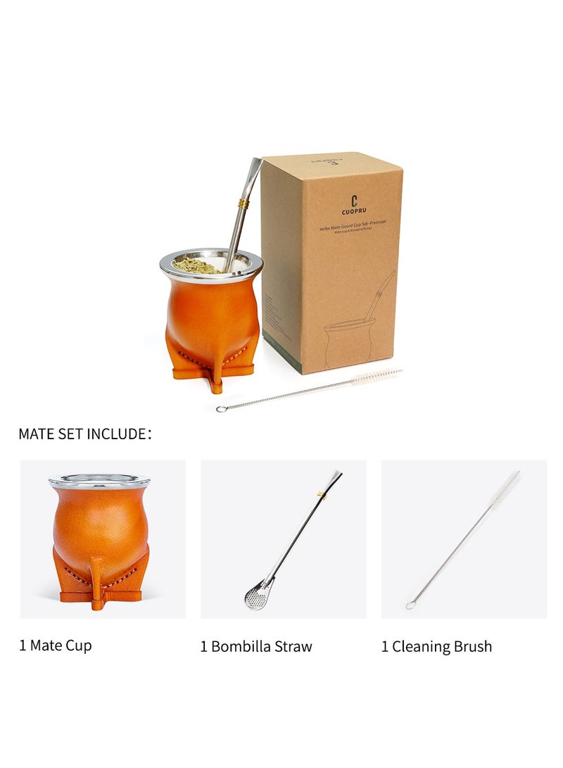 Yerba mate tea cup, leather outer layer, ceramic lining, with straw and cleaning brush