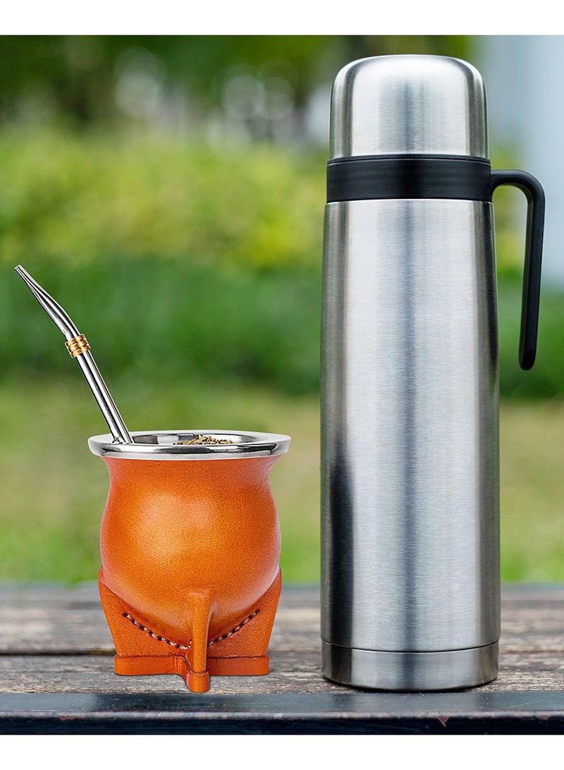 Yerba mate tea cup, leather outer layer, ceramic lining, with straw and cleaning brush