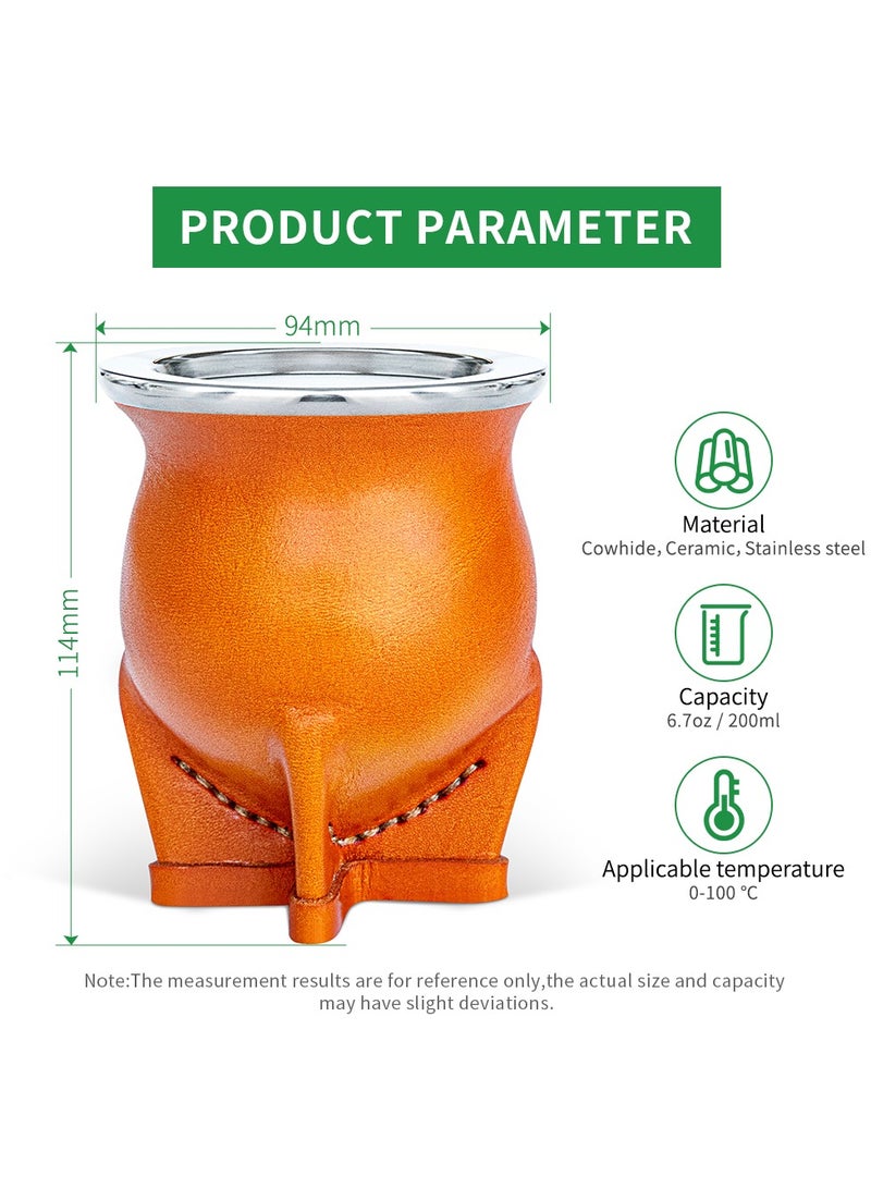 Yerba mate tea cup, leather outer layer, ceramic lining, with straw and cleaning brush