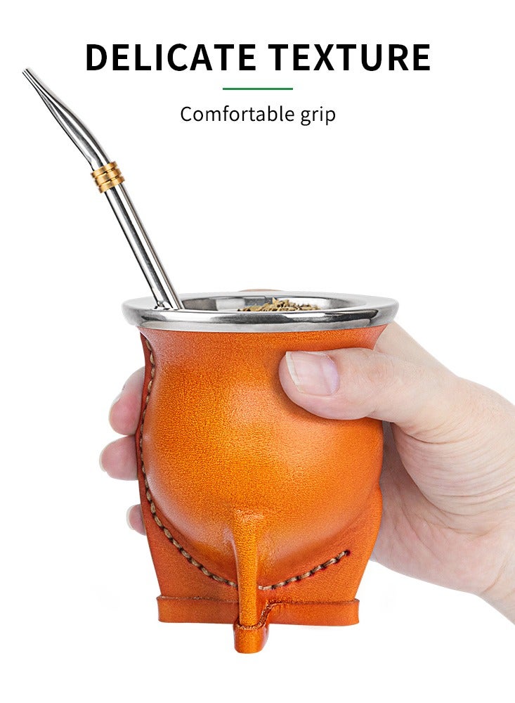 Yerba mate tea cup, leather outer layer, ceramic lining, with straw and cleaning brush