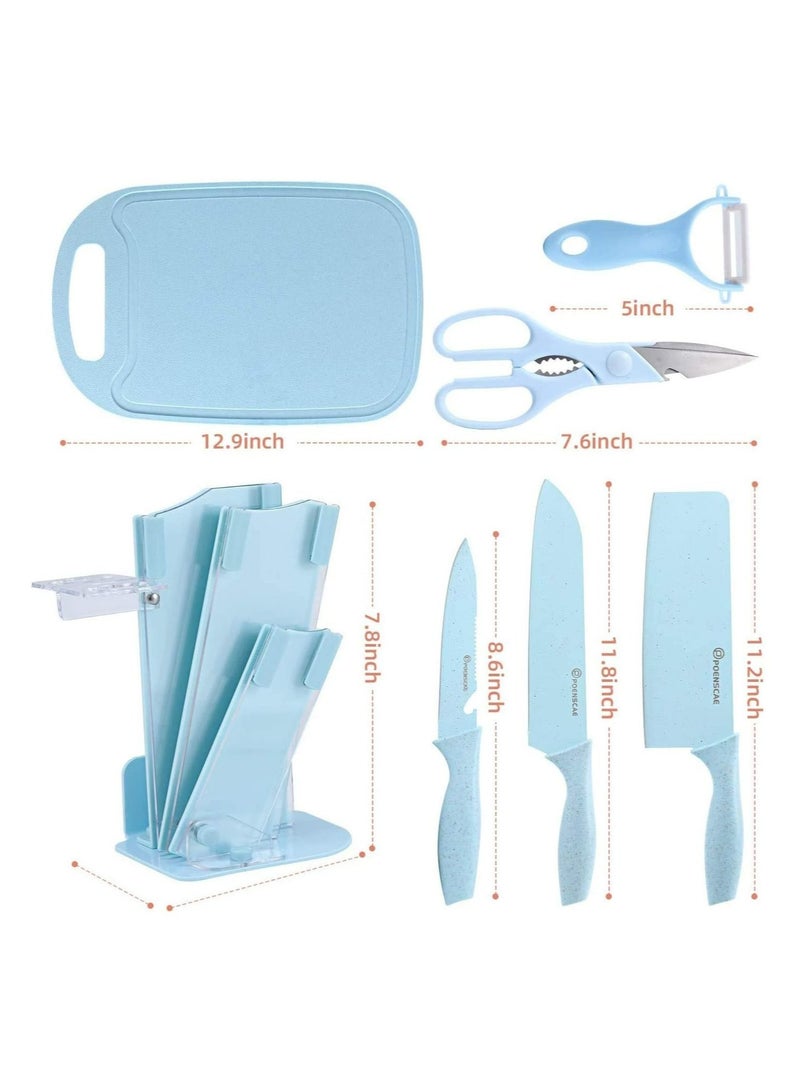 7-Piece Wheat Straw Kitchen Knife With Cutting Board Set Blue