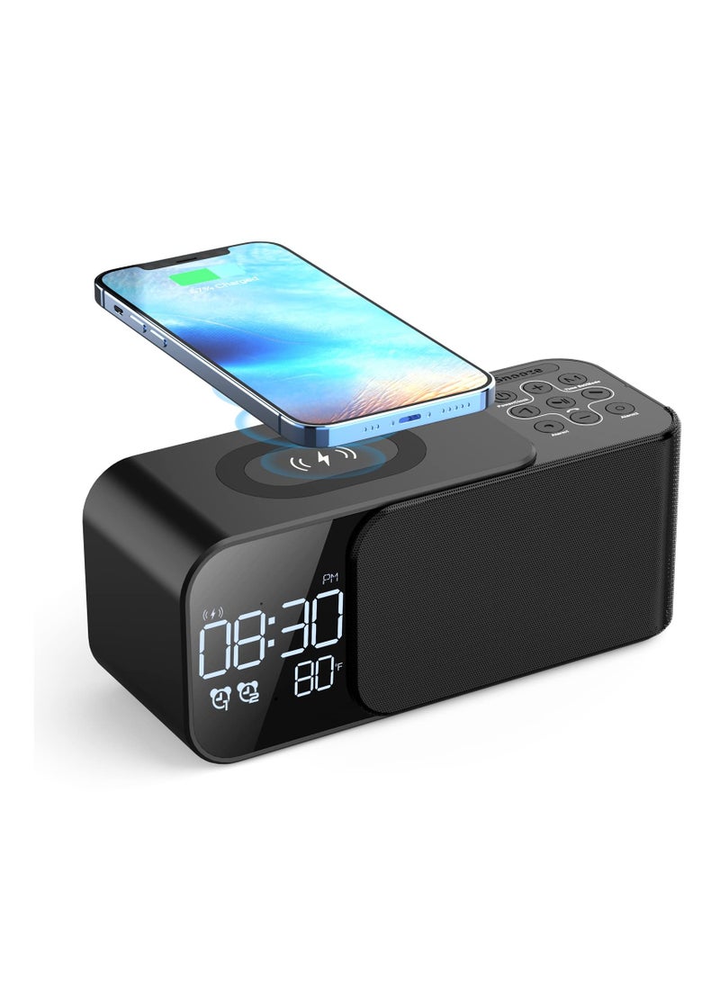Alarm Clock Radio with Wireless Charging & Bluetooth Speaker, Multifunction Fast Wireless Charging Dual Alarm Clock Radio with Bluetooth Audio with LED Display