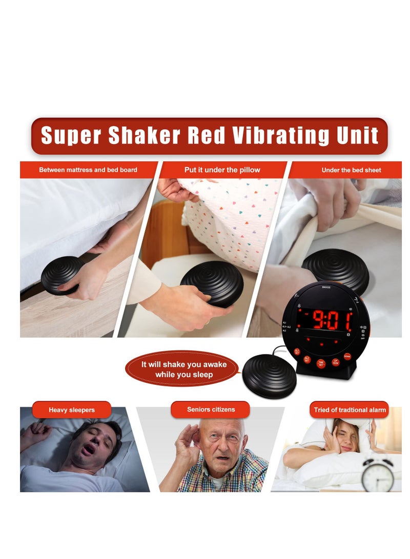 Extra Loud Alarm Clock Vibrating Alarm Clock with Bed Shaker Dual USB Charging Snooze Function 0-100% Dimmer and 0-120db Volume 12/24 Hours for Heavy Sleepers