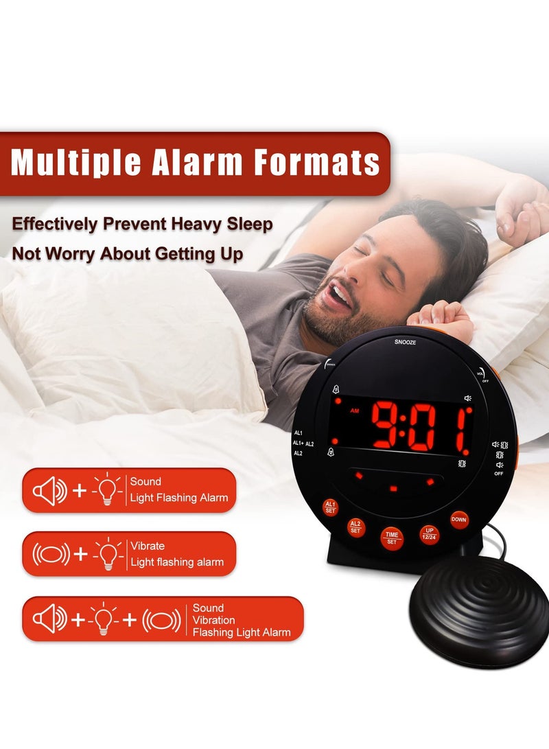 Extra Loud Alarm Clock Vibrating Alarm Clock with Bed Shaker Dual USB Charging Snooze Function 0-100% Dimmer and 0-120db Volume 12/24 Hours for Heavy Sleepers