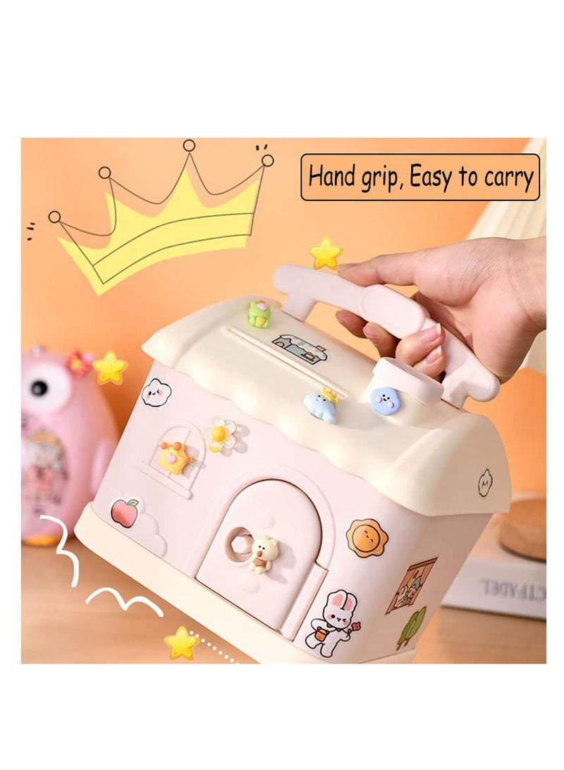 Bank for Kids, Fairy Tales Cottage Bank with DIY Sticker Gift Key, Lovely Cream House Money Coin Bank Box for Girl, Great for Children's Birthday Gift or Home Decoration