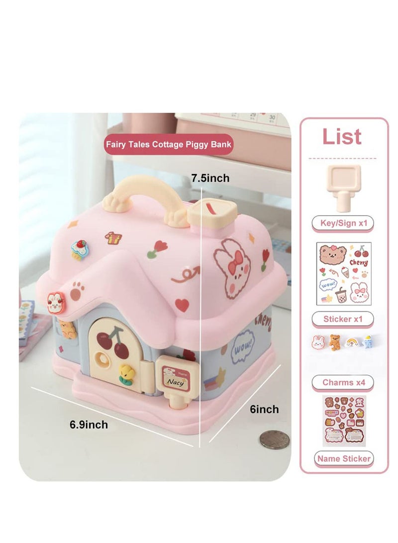Bank for Kids, Fairy Tales Cottage Bank with DIY Sticker Gift Key, Lovely Cream House Money Coin Bank Box for Girl, Great for Children's Birthday Gift or Home Decoration