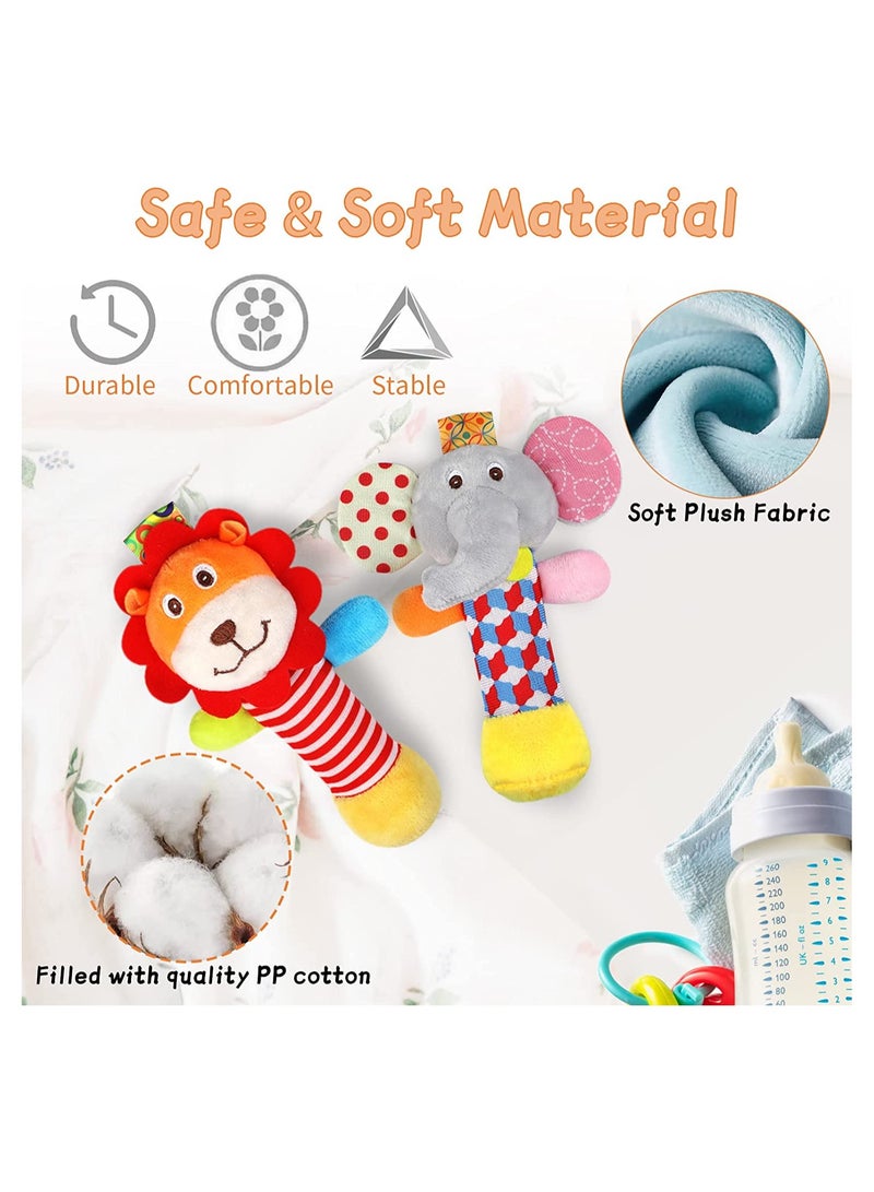 2PCS Soft Baby Rattles, Plush Animal Rattles Baby Sensory Toys Infant Sound Toys Interactive Plush Toys Early Development Rattles Infant Learning Toys for 0 3 6 Month Infant Gift (Elephant, Lion)