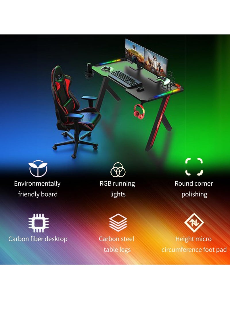 Gaming Desk with LED Lights RGB Gaming Computer Table with Carbon Fibre Surface LED Home Office Desk with Remote Control Pc Workstation with Cup Holder and Headphone Hook (Black 60 * 140cm)