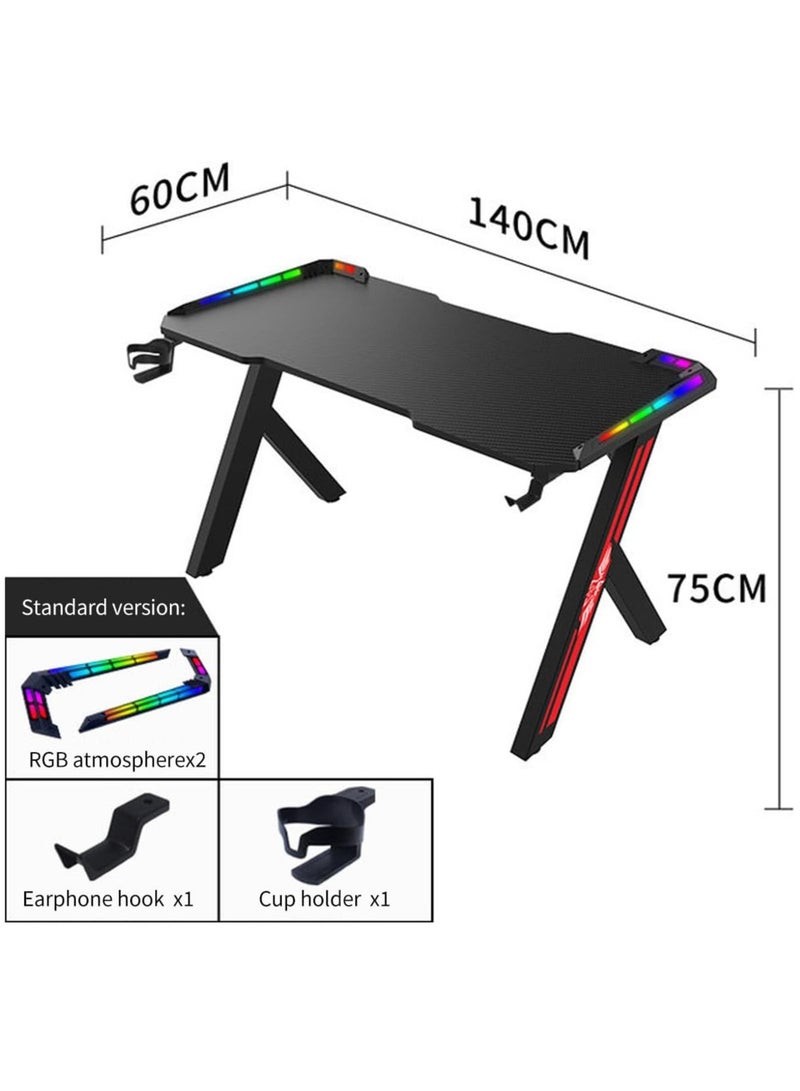 Gaming Desk with LED Lights RGB Gaming Computer Table with Carbon Fibre Surface LED Home Office Desk with Remote Control Pc Workstation with Cup Holder and Headphone Hook (Black 60 * 140cm)