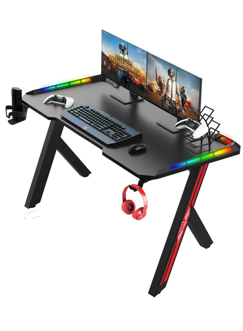 Gaming Desk with LED Lights RGB Gaming Computer Table with Carbon Fibre Surface LED Home Office Desk with Remote Control Pc Workstation with Cup Holder and Headphone Hook (Black 60 * 140cm)