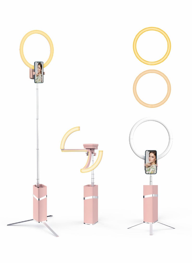 Foldable Portable Travel Selfie Ring Light, 10” Rechargeable Cordless Ring Light, 4000mAh Battery, 79” Foldable Selfie Tripod Stand Travel Ring Light for Selfie, Live Stream, Pink