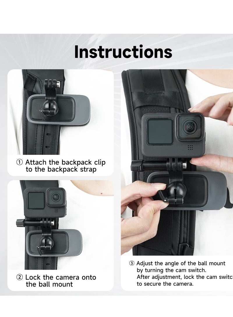 Swivel Backpack Clip Mount with Ball Head Pivot Arm, Bag Shoulder Body Strap Holder Attach for GoPro Max Hero 11 10 9 8 7 6 5, Insta360 X2 X3, DJI Action 2 3 Accessories