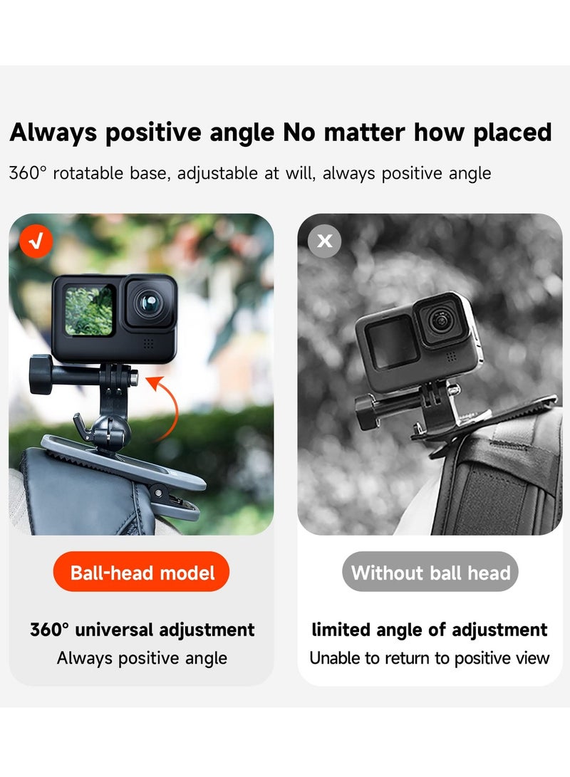 Swivel Backpack Clip Mount with Ball Head Pivot Arm, Bag Shoulder Body Strap Holder Attach for GoPro Max Hero 11 10 9 8 7 6 5, Insta360 X2 X3, DJI Action 2 3 Accessories