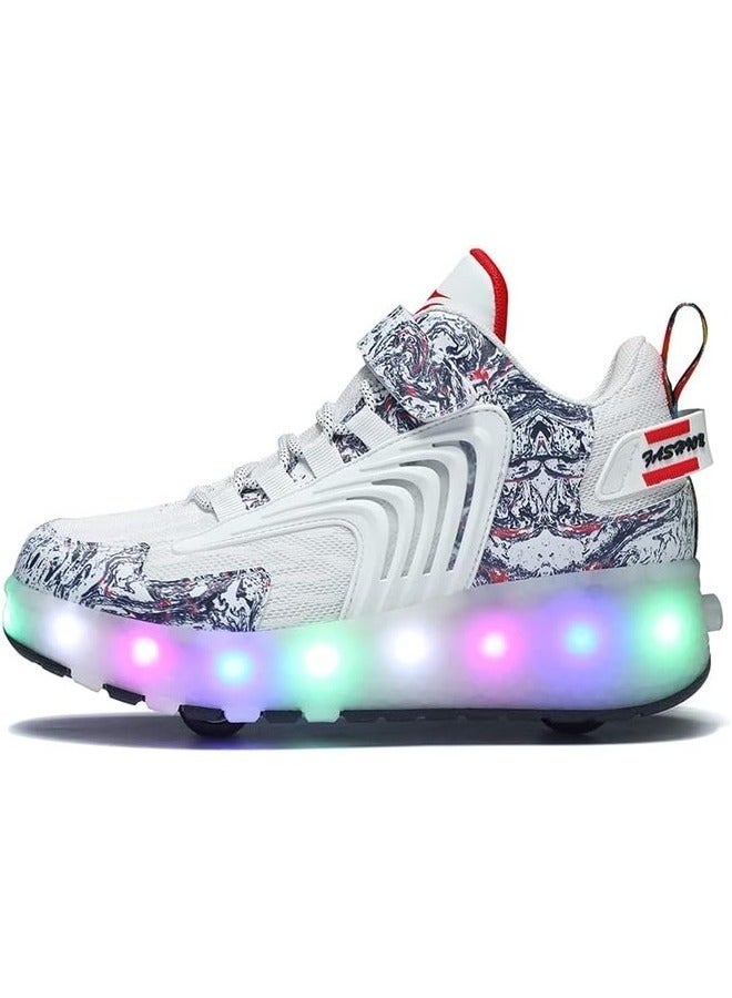 LED Flash Light Fashion Shiny Sneaker Skate Shoes With Wheels And Lightning Sole For Unisex Children ,White ,Size 36