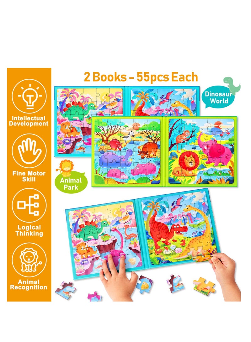 Magnetic Puzzles for Kids Ages 3-5, Two-Book Set, 110 Pieces Dinosaur Animal Theme Travel Toddler Puzzles, Preschool Learning Activities Toddler Toys for 3 4 5 6 Year Old Boys Girls