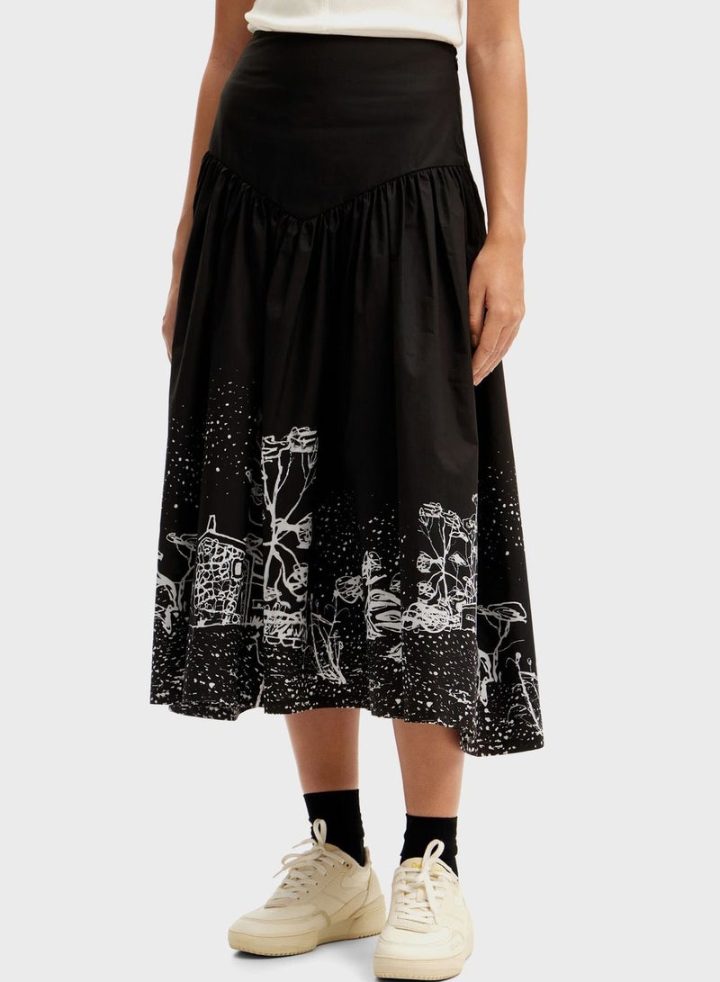 Poplin Landscape Midi Skirt