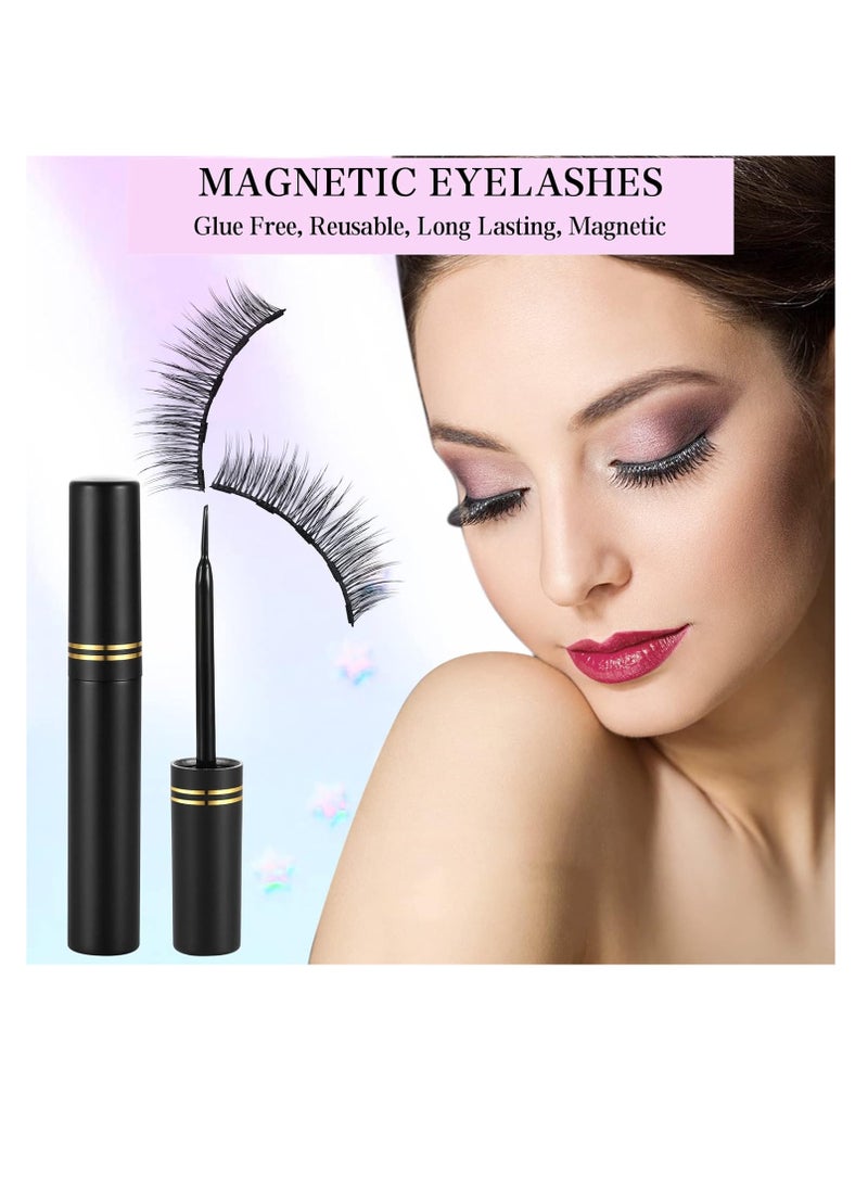 Magnetic Eyelashes and Eyeliner Kit, 12 Pairs Reusable Magnetic Lashes with Eyeliner and Tweezers, 3D Natural Look False Eyelashes, Easy to Wear, No Glue Needed (12pcs)