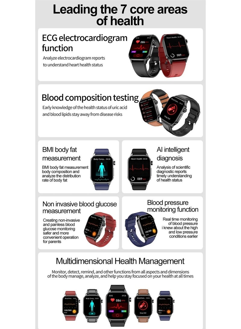 2024 New Blood Lipids Uric Acid Blood Glucose Smart Watch ECG+PPG+HRV Heart Rate Blood Body Composition Bluetooth Call Smartwatch